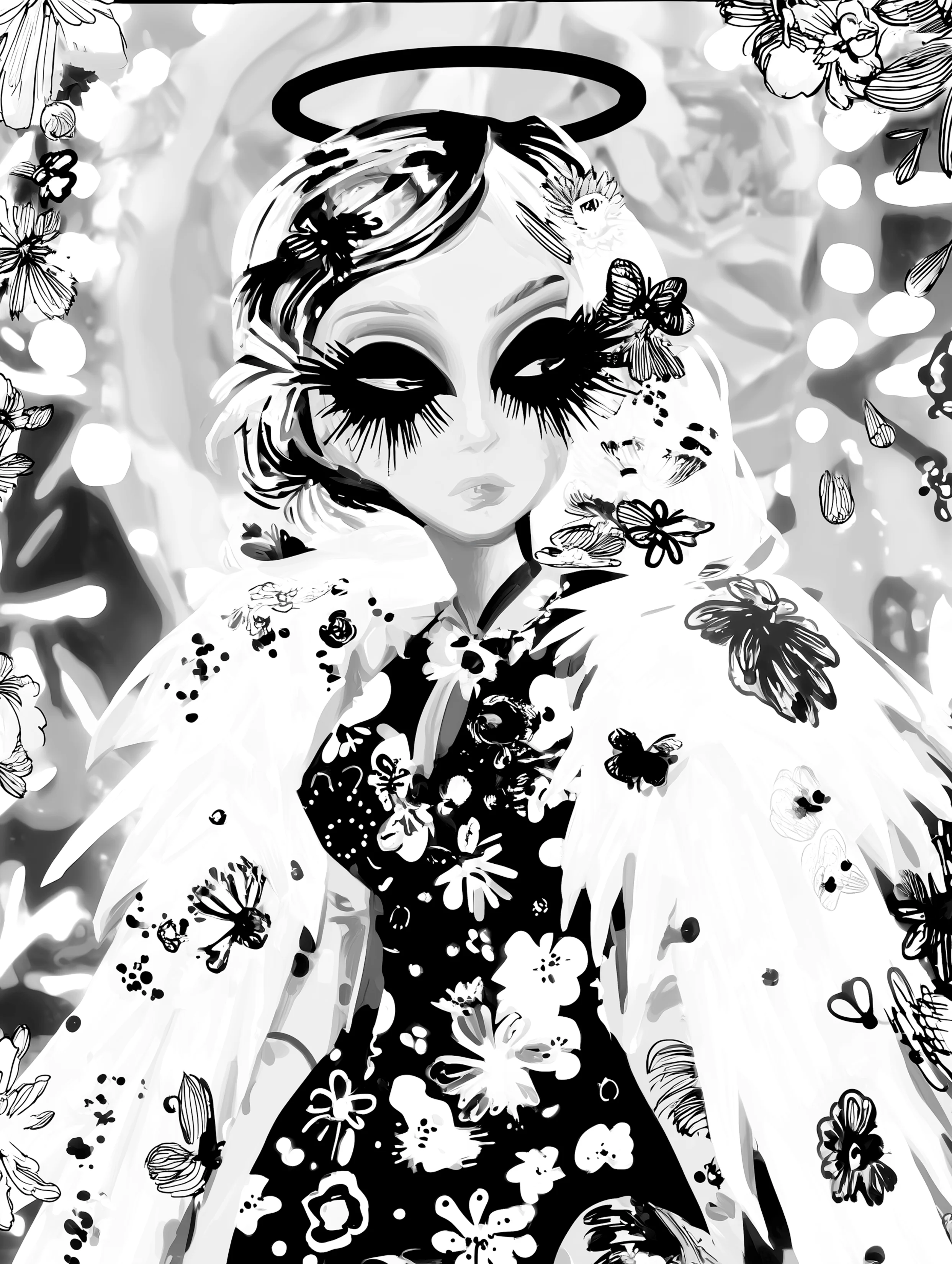 Free printable angel coloring page for adults featuring fashion angel with black halo